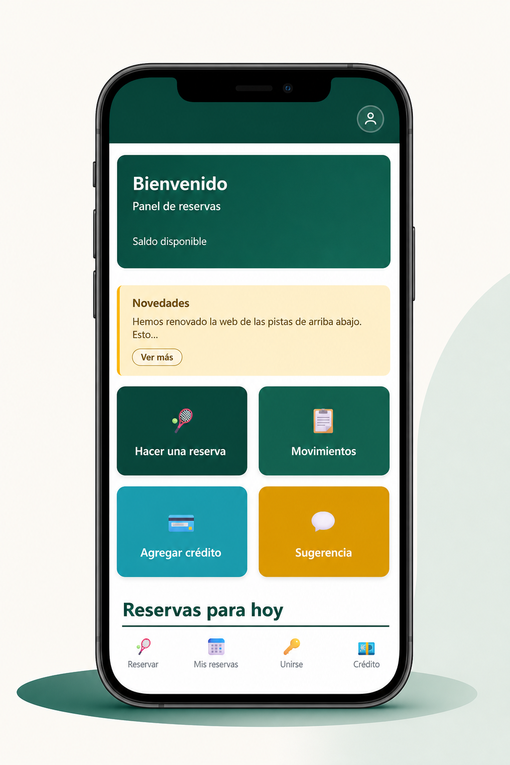 Vista móvil del software de reservas de pistas